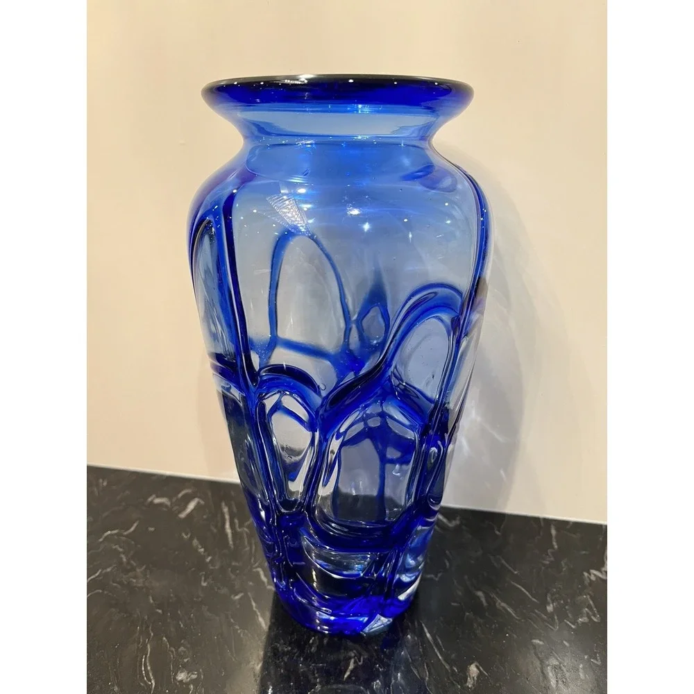 Mid Century Modern Art Glass Cobalt Blue Swirl Vase 9.75